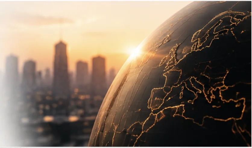 Globe et skyline au coucher du soleil