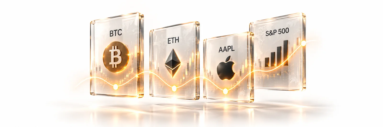 Plaques de verre BTC, ETH, AAPL et S&P 500 reliées par une courbe lumineuse