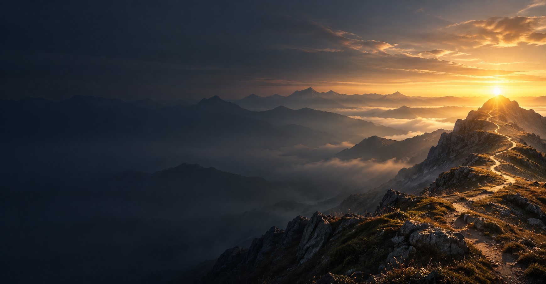 Sentier lumineux dans la montagne au lever du soleil